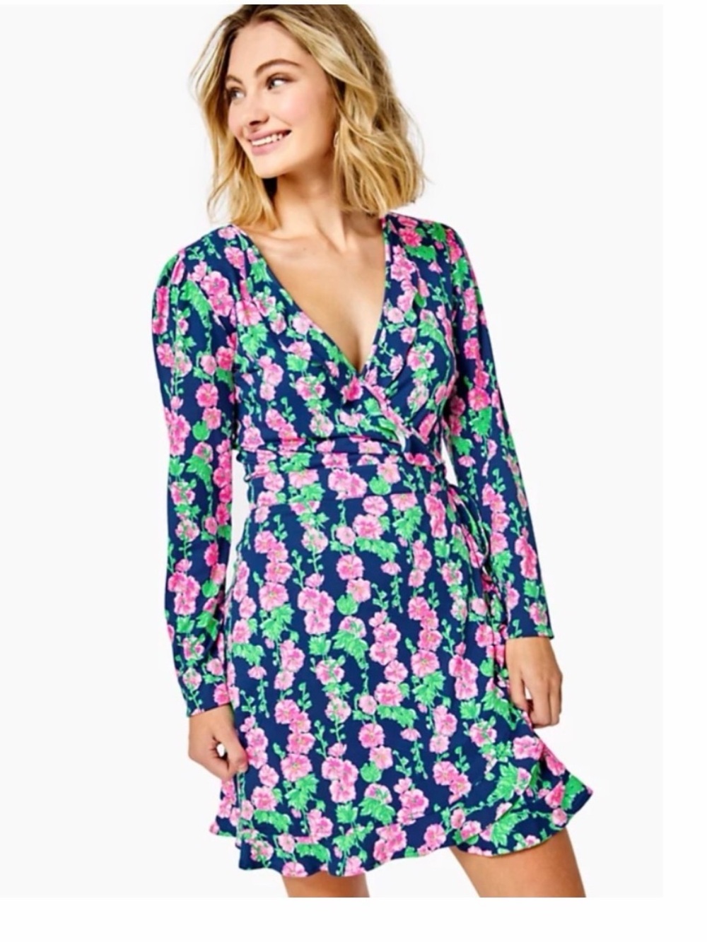 Lilly Pulitzer Mirelle wrap with Pink & Green Floral Trim romper size S